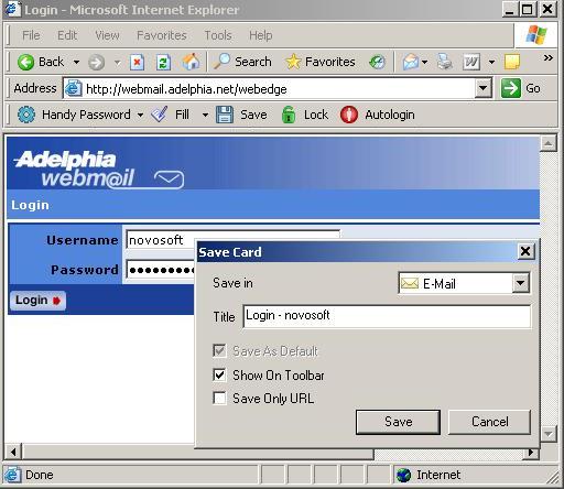 Saving Adelphia mail login and password to login to Adelphia mail automatically.