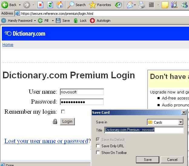 Logging in to Internet Dictionary account with Handy Password