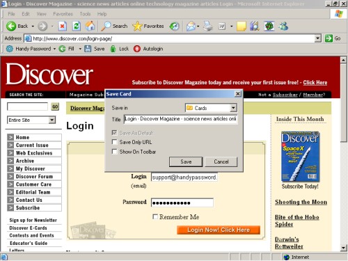 Logging in to Discover Magazine account with Handy Password