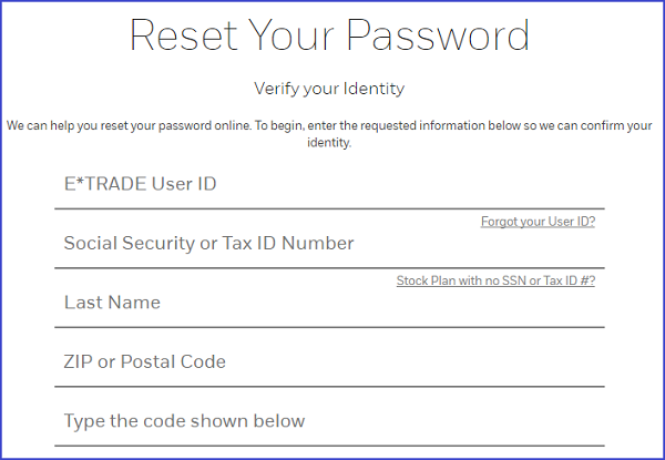 Etrade Forgot Password - Screenshot of Etrade website us.etrade.com Etrade Forgot Password