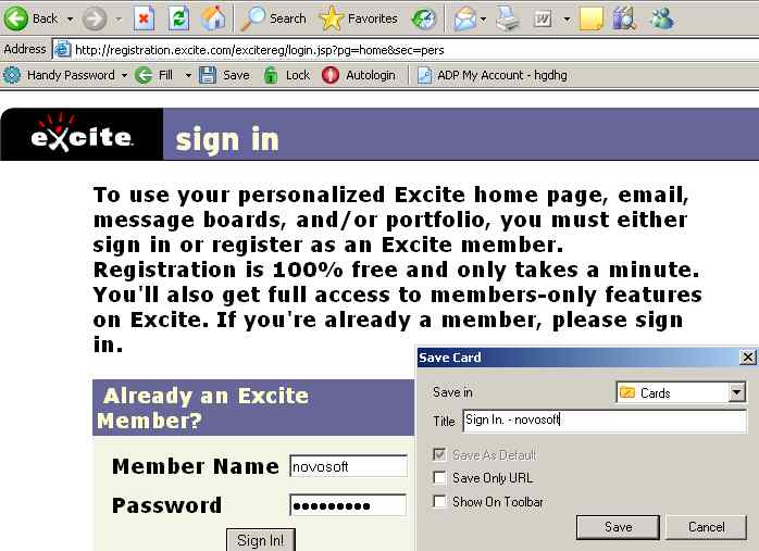 Sign in to Excite services automatically with Handy Password.
