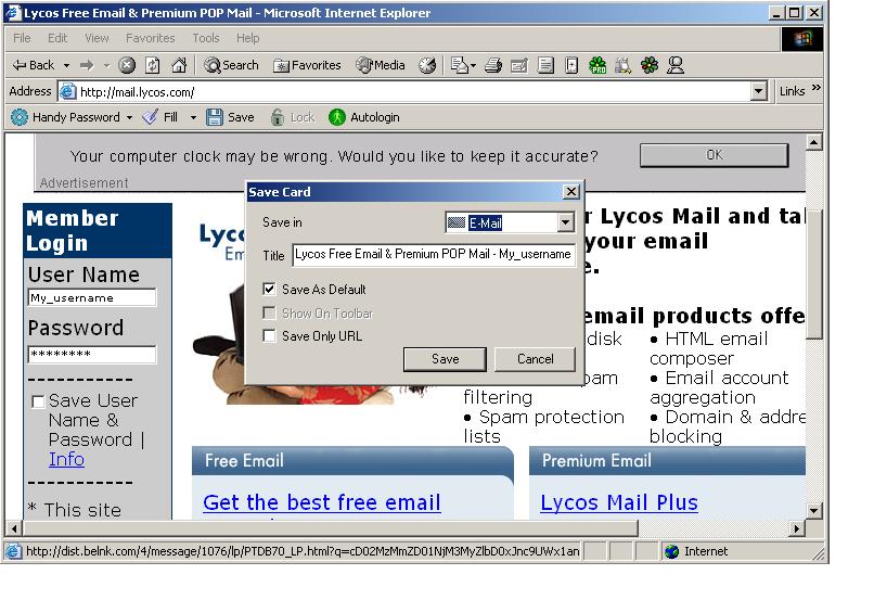 Saving Lycos mail login and password to login to Lycos mail automatically.