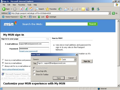 Saving MSN account ID and password to login to eBay automatically