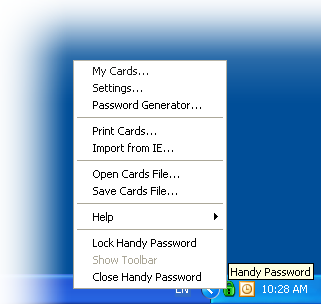 Handy Password manager tray context menu