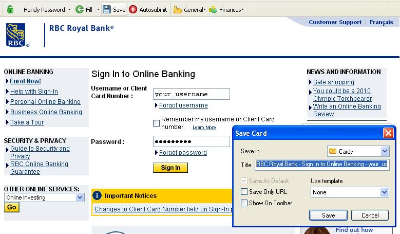 Handy Password can sign in to RBC automatically if you save the appropriate card.