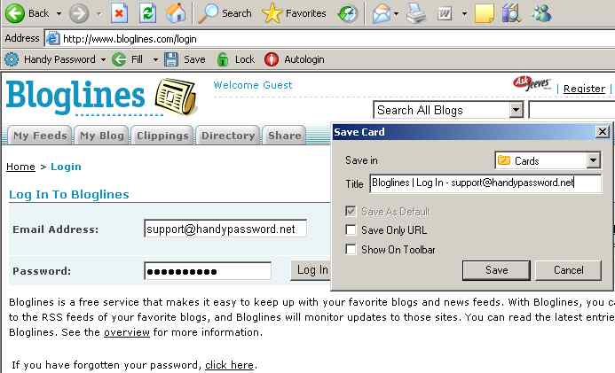 Saving Bloglines login and password to log in to Bloglines automatically.