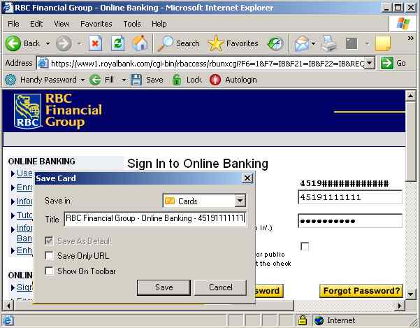 Saving Canada bank login and password to login to Canada bank account automatically.