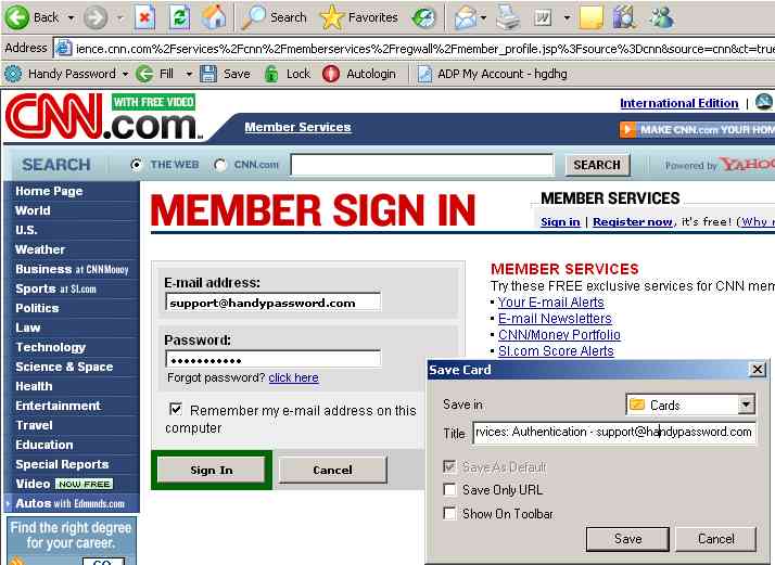 Saving CNN Online Member login and password to login automatically.