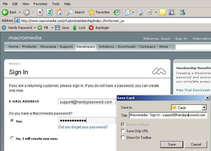 Logging in to Macromedia Online account with Handy Password