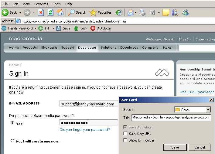 Logging in to Macromedia Online account with Handy Password