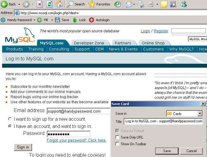 Mysql login and password to login automatically