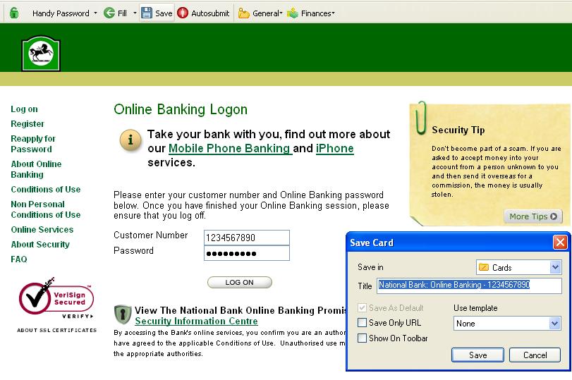 Save your National Bank sign in card using Handy Password toolbar for Firefox/Internet Explorer.