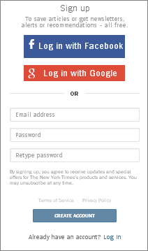 NYTimes Log in: Create Account - Screenshot of NYTimes website www.nytimes.com NYTimes Log in: Create Account