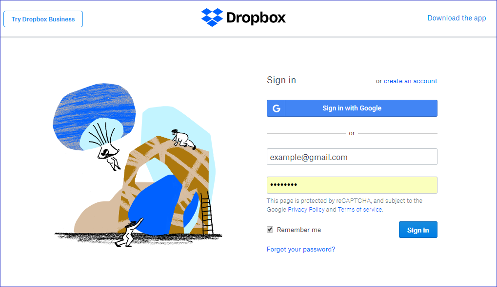Utilizing Dropbox Login via Website - Screenshots of Dropbox website www.dropbox.com