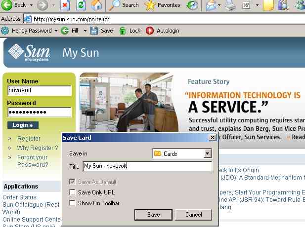 Saving Sun account login and password to login automatically.