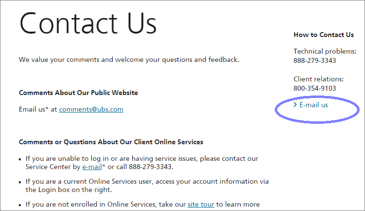 UBS Online Banking Contact - Screenshot of UBS bank website www.ubs.com UBS Online Banking Contact