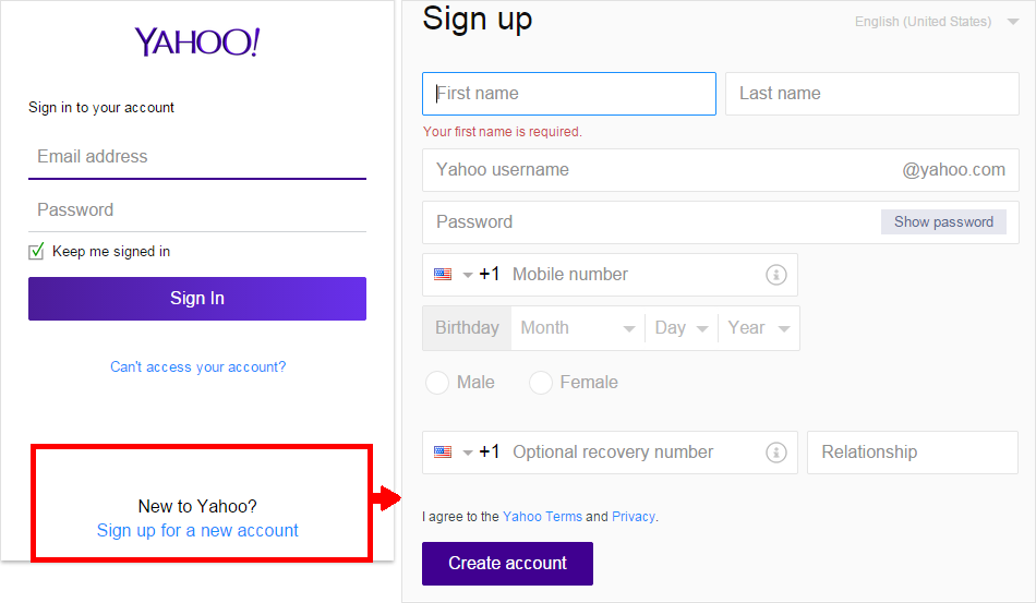 Yahoo Sign in New Account - Screenshot of Yahoo website login.yahoo.com. 