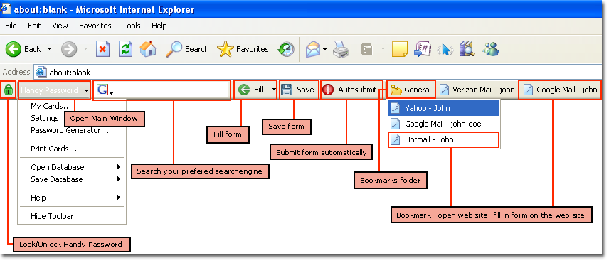 Handy Password Internet Explorer toolbar