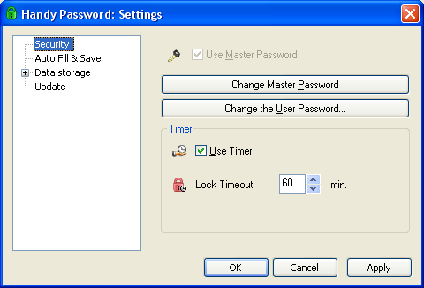 Handy Password manager security settings