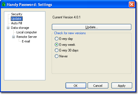Handy Password update settings Handy Password update settings