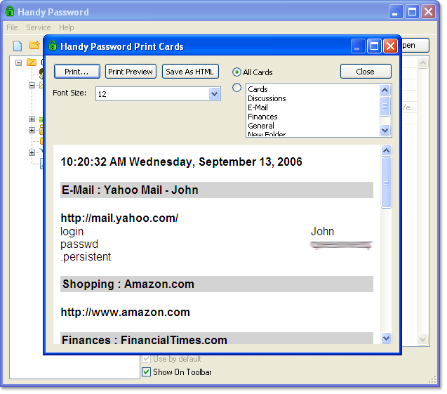 Export information by printing cards