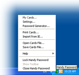 Handy Password manager menu in tray bar